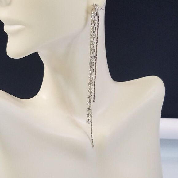 Crystal Rhinestones Silver Chains Dangling Drop Tassel Earrings 3 Strands 4" L - Picture 1 of 5
